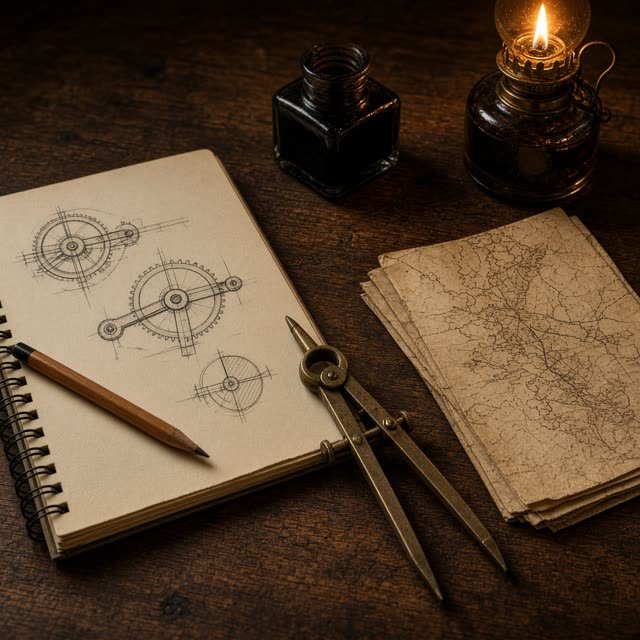 A sketchbook, brass tools, and a lamp on a workshop bench